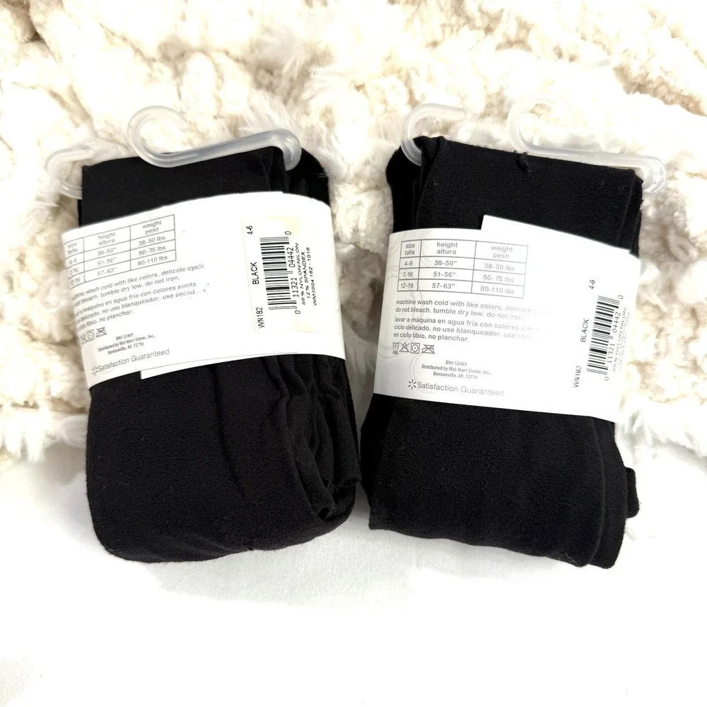 WONDER NATION Girls Black Footed Tights Sz 4/6 Lightweight Spandex Stretch‎ 4ct